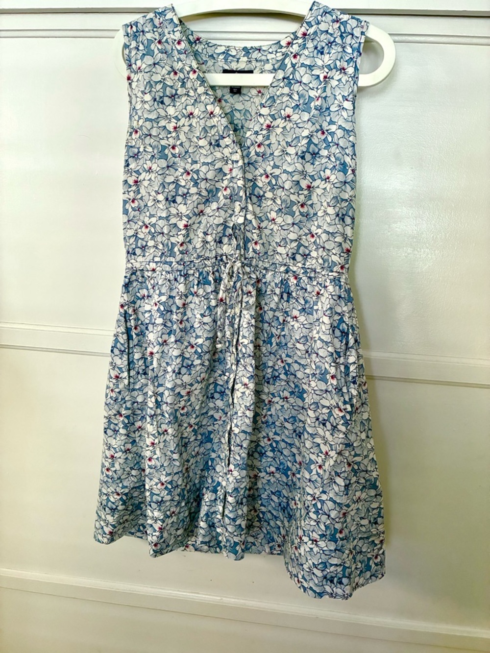 Gap Flower Tropical Floral Blue Sleeveless Shirt Button Front Dress Summer